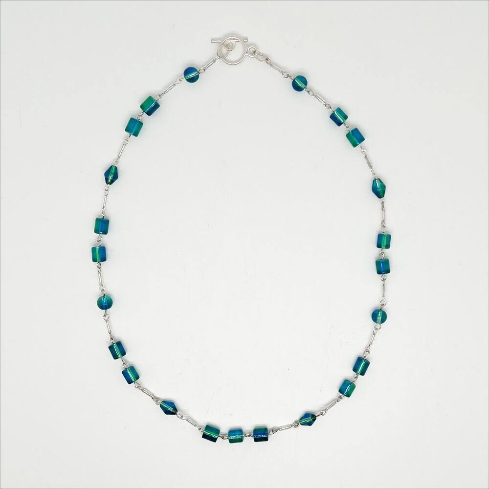 Handmade Beaded Necklace Blue Green Iridescent Beads Hand Crafted Artisan